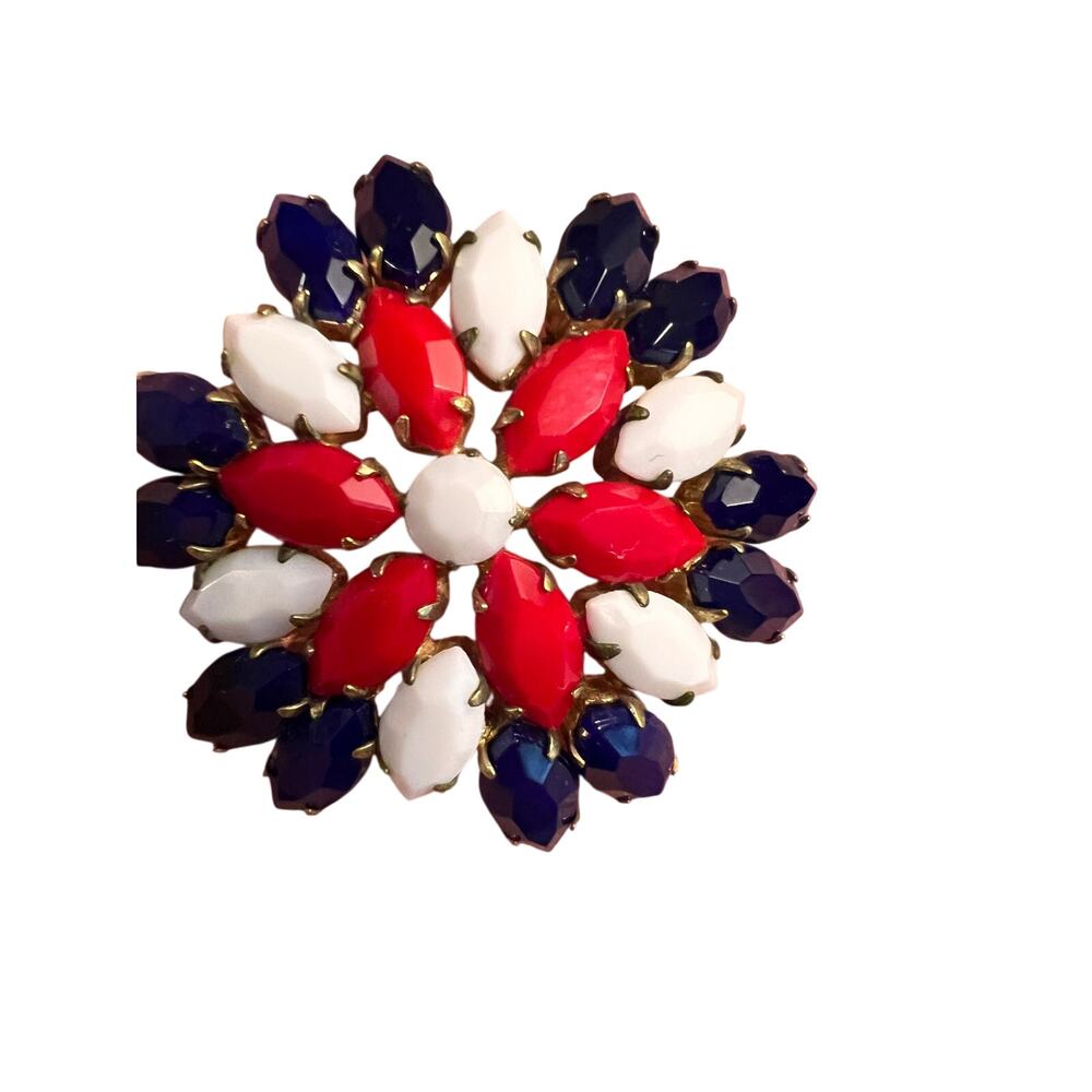 Vintage red white blue patriotic brooch glass prong set gold tone Americana